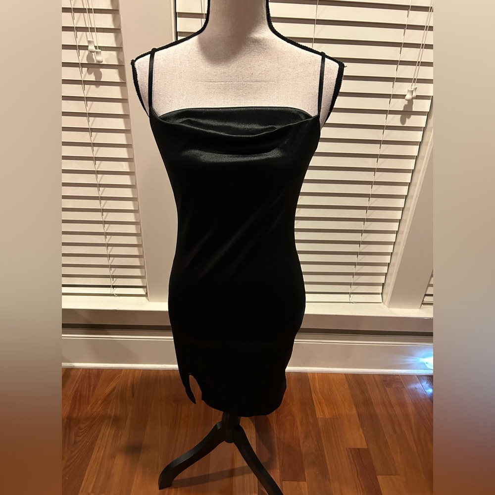 Liz & Sara Classic Black Satin Slip Mini Dress with Cowl Neck